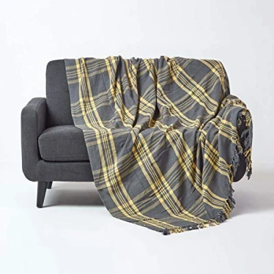 Image of HOMESCAPES Medium Grey &amp; Yellow Tartan throw 60 x 80 Inches or 152cm 203cm, 100% Cotton Sofa for Most 2 Seater Settees and Sofas