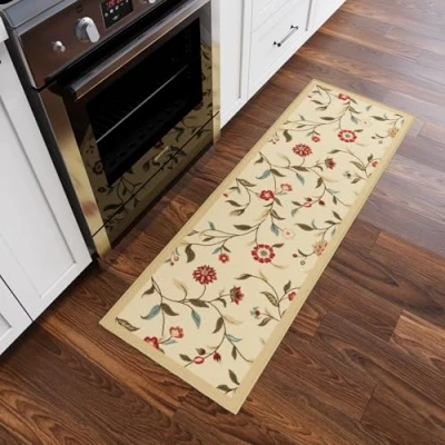 Image of Ottomanson Ottohome Collection Contemporary Leaves Design Rubberback Runner Rug, 50 cm x 150 cm, Beige