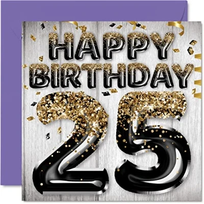 Image of 25th Birthday Card for Men Black &amp; Gold Glitter Balloons Happy Cards 25 Year Old Man Son Brother Uncle Cousin, 145mm x Twenty Five Fifth Greeting Gift