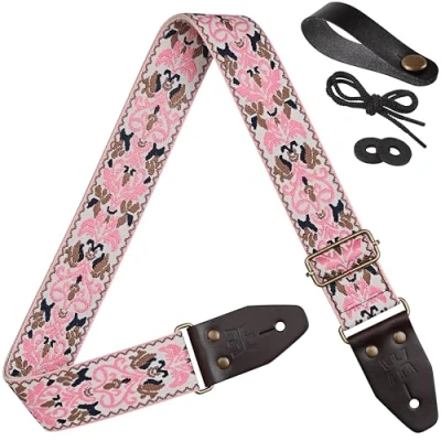 Image of Amumu Pink Spades Heart Embroidery Guitar Strap Vintage Style with Top Grain Cowhide Leather Ends &amp; Pick Pocket Fits Bass, Electric, Acoustic Guitars