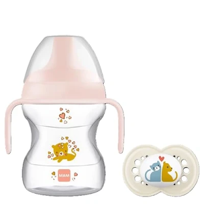 Image of MAM Learn to Drink Cup, Bottle Handles and Soother, 6+ Months Baby Cup with Removable Handles, Feeding Accessories, 190 ml, Pink (Designs May Vary)