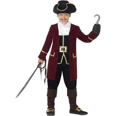 Image of Smiffys Deluxe Pirate Captain Costume, Black Jacket, Mock Waistcoat, Trousers, Neck Scarf &amp; Hat, Boys Fancy Dress, Dress Up Costumes