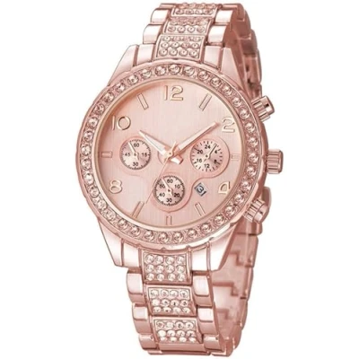 Image of Diamond Watches Men and Women Quartz Clock Calendar Rose Gold Silver Stainless Steel Watch (Rose Gold)
