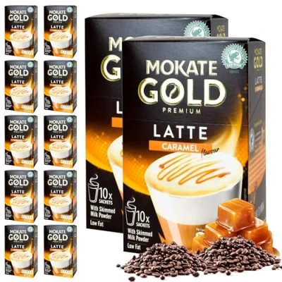 Image of SOL 120pk (12 x 10pk) Mokate Coffee Sachets Caramel Latte, sachet Sticks, Instant Sachets, Individual Individually wrapped + Stickers