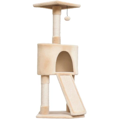 Image of PawHut Corner Cat Tree for Indoor Cats, Kitten Tower with Scratching Post House Ladder Toy Beige