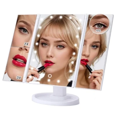 Image of JIANGLAI Makeup Vanity Mirror with 22 LED Lights, Tri Fold 1x 2X 3X 10x Magnification, 180Adjustable Touch Screen Lighted Mirror, Two Power Supply Modes High Definition Dressing Mirrors (White)