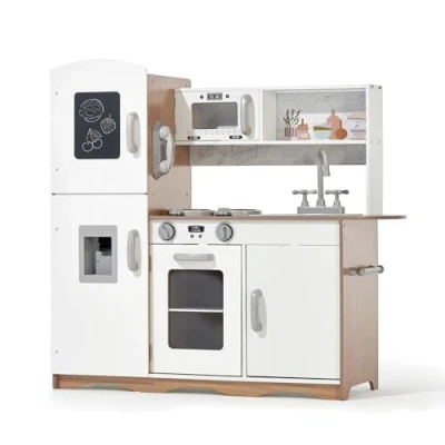 Image of Kidoz Signature Kids Wooden Kitchen, Large Pretend Role Play Kitchen With Realistic Oven, Microwave And Sink Taps, Playset Sounds Lights For (White Only)
