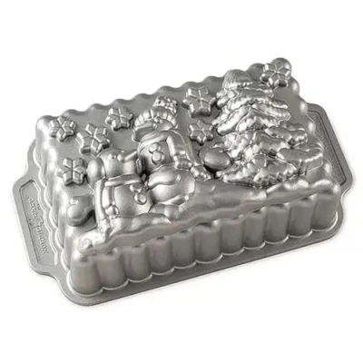 Image of Nordic Ware Winter Wonderland Loaf Pan, Christmas Cast Aluminium Bundt Tin, Cake Tin with Santa Pattern, Mould Made in The USA, Colour: Silver