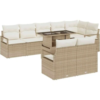 Image of vidaXL 9 Piece Garden Sofa Set with Cushions Beige Poly Rattan