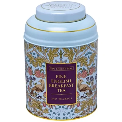 Image of New English Teas Song Thrush &amp; Berries Tea Caddy in Pale Blue with 240 Breakfast Teabags