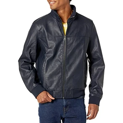 Image of Tommy Hilfiger Men&#039;s Smooth Lamb Touch Faux Leather Unfilled Windbreaker Bomber Jacket, Navy, L
