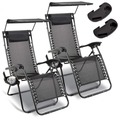 Image of Garden Mile 2x Premium Sun Lounger Zero Gravity Chair with Canopy and Drinks Holder, Adjustable Headrest Pillow Deck Folding Recliner Outdoor Black