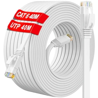 Image of Ethernet Cable 40m, White Cat 6 Network Flat Long Internet 40m High Speed LAN RJ45 1Gbps 250Mhz, Thin Patch 40 meter Gigabit Broadband for Router Switch Modem (40 Clips)