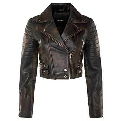 Image of Ladies Cropped Jacket Short Body Gothic Top Black Chic Biker Real Leather 16