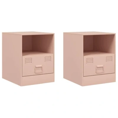 Image of vidaXL Pink Steel Bedside Cabinets 34.5x39x44 cm Cold Rolled with Shelf/Drawer, Metal Handle for Bedroom