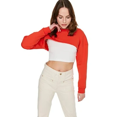 Image of Trendyol Women Fitted Basic Crew neck Knit Sweatshirt Orange