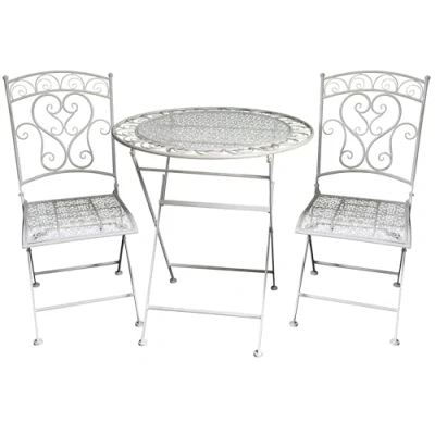 Image of Garden Gear Wrought Iron Folding Scroll Design 2 Seater Bistro Outdoor Patio Balcony Set Table Pre Assembled Furniture (Antique White)