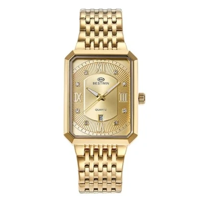 Image of JewelryWe Rectangular Quartz Analogue Watches: Men Gold Square Tank Wristwatch Elegant Stainless Steel Dress Cuff Watches