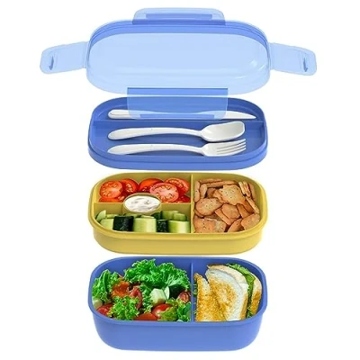 Image of Lychico Lunch Box, 1900ml Bento Box with Spoon Fork &amp; Dressing Containers, Stackable 3 Layer 6 Compartments Leak Proof Meal Prep Container Microwave Dishwasher Safe, Blue