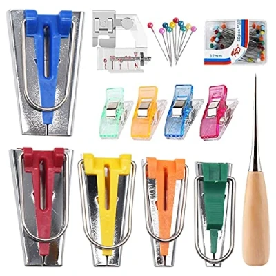 Image of Fabric Bias Tape Maker Tool Kit, DBAILY 12pcs Binding Set with Clips Drawing Pins Awl Presser Foot Measure for DIY Patchwork Craft Sewing