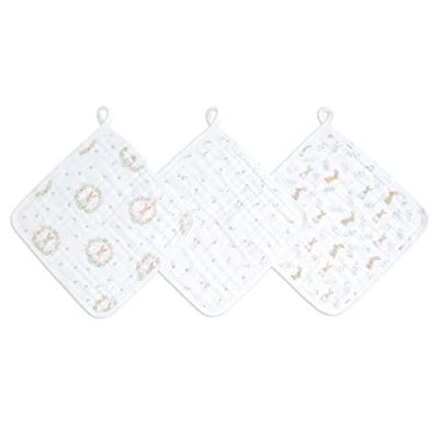 Image of aden + anais essentials Washcloth Set, Super Soft 100% Cotton Muslin, 27.5x27.5cm, 3 Pack, blushing bunnies