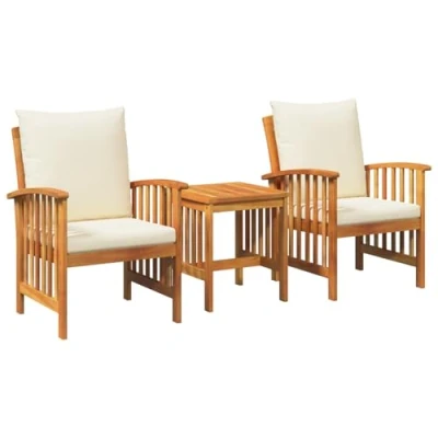 Image of vidaXL Patio Lounge Set Cream White Wood Outdoor Dining Furniture Seats 3 Balcony/Garden/Deck Acacia Frame Square Table &amp; Armchairs Modern Design