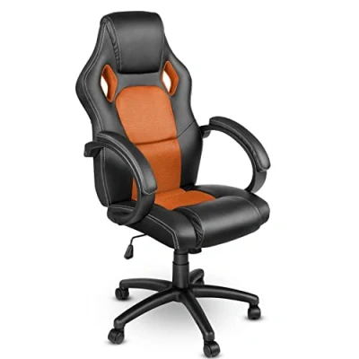 Image of TRESKO Racing Style Faux Leather Office Chair Executive Swivel Orange, Padded armrests, Racer Gaming with tilt Function and Nylon castors, Gas Lift SGS Tested