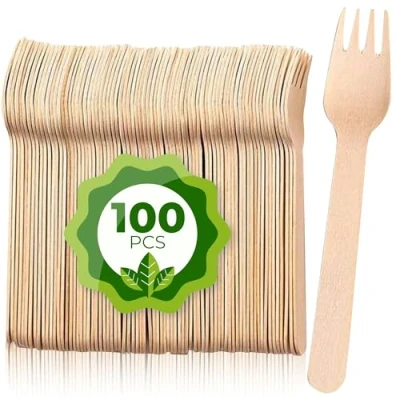 Image of Sabco 100pcs Premium Wooden Forks Disposable Cutlery Biodegradable Chip