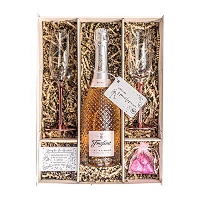 Image of Sparkling Italian Rosé 75cl Gift Set With Pair of Metallic Pink Champagne Flutes, Chocolates and Box Fizz Gifts for Women Wine Lovers (Metallic Stems)