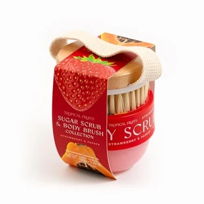 Image of Tropical Fruits Gentle Exfoliating Sugar Scrub &amp; Brush Strawberry and Papaya 150g