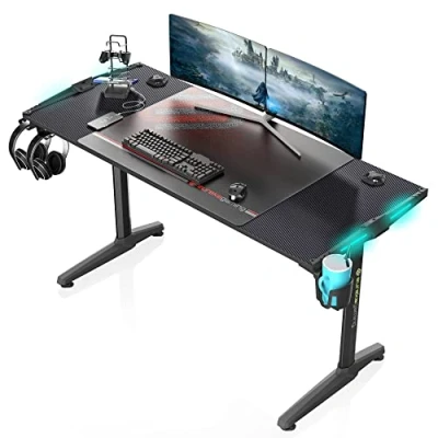 Image of EUREKA ERGONOMIC Gaming Desk 140 x 60 cm Large Computer with LED RGB Lights, Mouse Pad, USB Ports Controller Stand, Cup Holder and Headphone Hook