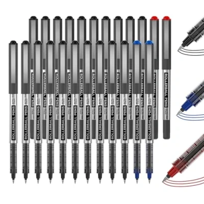 Image of Shuttle Art Rollerball Pens, 25 Pack (21 Black, 2 Blue, Red) 0.5mm Liquid Ink Quick Drying &amp; Long Lasting Extra Fine Point Pens for Writing, Journaling, Notes Taking School Office Supplies