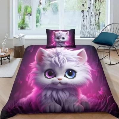 Image of Cute Kitten 3D Comforter Cover Set for Duvet Bedding Anime Bedspread with Pillow Shams Microfiber Bed Zipper 2 Piece Quilt Single（135x200cm）