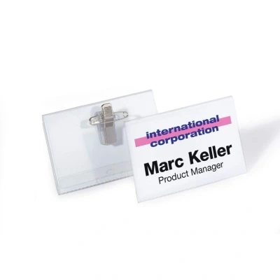 Image of Durable Name Badge 40 x 75 mm with Combi Clip Transparent Pack of 50 Badges Includes Blank Insert Cards Ideal for Events and Visitor Management