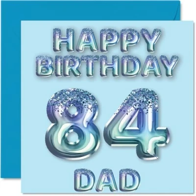 Image of 84th Birthday Card for Dad Blue Glitter Party Balloons Happy Cards 84 Year Old Father from Son Daughter, 145mm x Bday Greeting Gift
