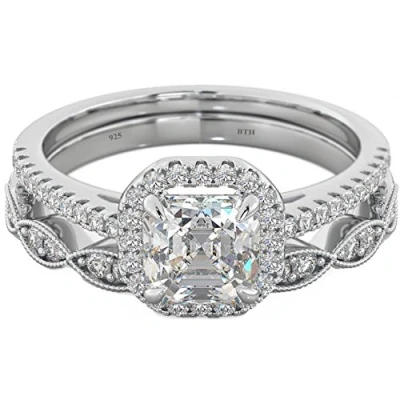 Image of BESTTOHAVE Ladies 925 Sterling Silver Asscher Cut Wedding Engagement Bridal Ring Set I