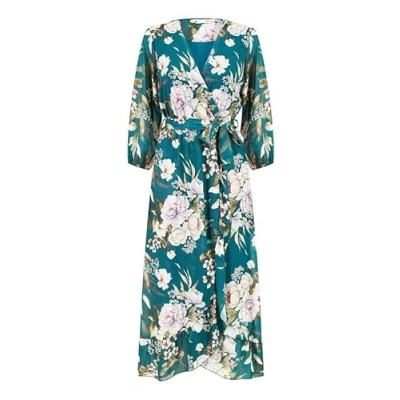 Image of Yumi Womens Teal Floral Wrap Midi Dress With Frill Size 10 UK