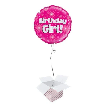 Image of PARTYRAMA.CO.UK Birthday Girl Pink Holographic Round Foil Helium Balloon Inflated in a Box