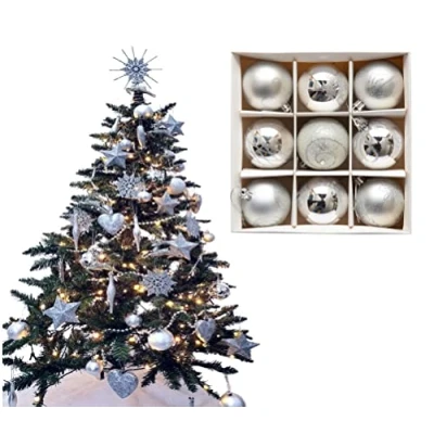 Image of 9pc Luxury Premium Baubles, Christmas Tree Bauble Decorations Matte, Glitter, shiny &amp; Frosted (6cm) (Silver)