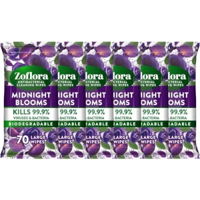 Image of Zoflora Midnight Blooms Biodegradable Wipes, Antibacterial Multi surface Cleaning Kills 99,9% of Bacteria &amp; Viruses, Convenient, Quick Cleaning, 6 Pack, 70 Wipes per Pack (420 Sheets)