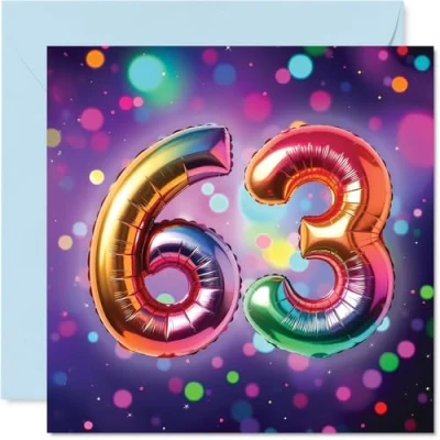 Image of 63rd Birthday Cards for Women Men Rainbow Foil Balloon Happy Card 63 Year Old Woman Man Grandad Dad Grandma Nan, 145mm Bday Greeting
