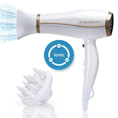 Image of Aigostar Professional Ionic Hairdryer, 2200W Fast Dry Hair Dryer with Concentrator and Diffuser, Foldable Design, 2 Speed &amp; 3 Heat Settings, Cool Button, White Luna 32QUO