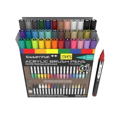 Image of 36 Flexible Brush Tip Acrylic Paint Pens Markers Set 1 7mm Line for Rock Painting, Lettering, Scrapbooking, Glass, Mugs, Wood, Metal, Canvas, Fabric, Plastic. Non Toxic Waterbased Quick Drying