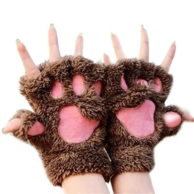 Image of MAKFORT 1 Pair Ladies Girls Womens Cat Paw Gloves Winter Fingerless Mittens Warm Plush Half Finger Brown