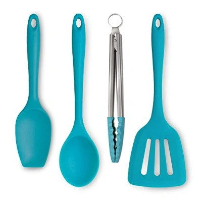 Image of Zeal JSET40A Non Stick Silicone Tongs, Turner, Spatula Cooks Spoon 4 Piece Set Aqua