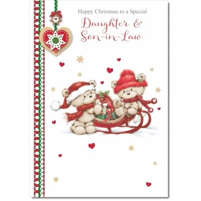 Image of doodlecards Daughter and Son in Law Christmas Card Two Cute Bears on Sled Medium Size for &amp; with Plain Envelope