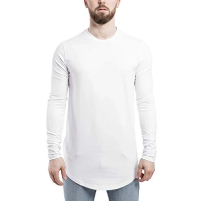 Image of Blackskies Side Zip Long Sleeve Basic Men&#039;s Longline T Shirt Oversized Curved Hem Sweater Pullover Fashion L/S Tee White Medium M