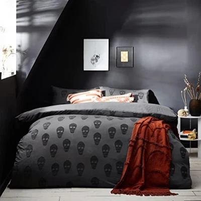 Image of The Linen Yard Skulls King Duvet Cover Set, Cotton, Charcoal