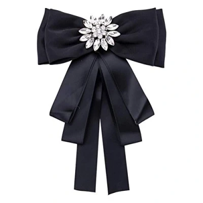 Image of Rhinestone Crystal Ribbon Brooches Pin Bow Tie Brooch Pre Tied Collar Jewelry Necktie Shirt Dress for Women Girls Wedding Party (Black)