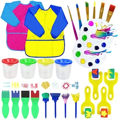 Image of 26PCS Kids Sponge Paint Brushes Kits,Reusable Painting Tool Kit With 2Waterproof Apron for Early DIY Learning,Painting Drawing Tools Toddler,Arts&amp;Crafts Set